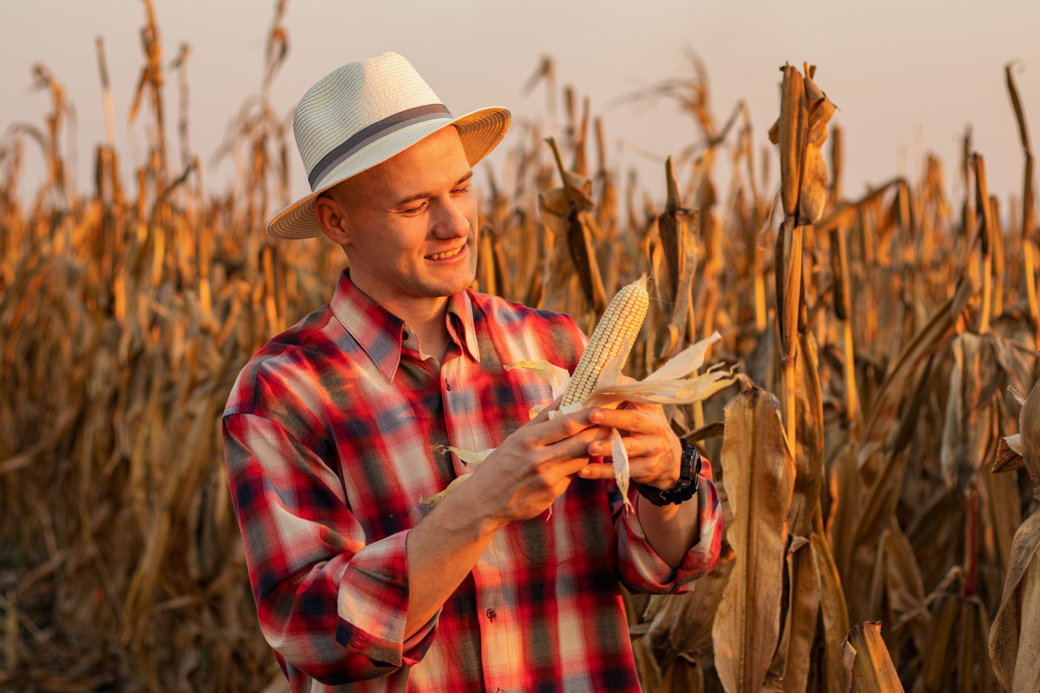 male-wearing-flannel-shirt-picking-corn-beautiful-cornfield-sunset